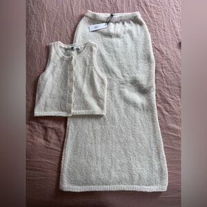 Cream Knit Two-Piece Set — Sleeveless Button Vest & Maxi Skirt
